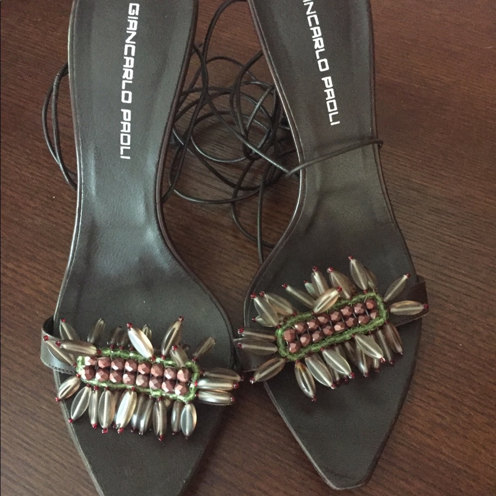 Leather Sandal with Ankle Ties, chocolate brown